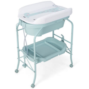 Folding Baby Changing Table with Bathtub and 4 Universal Wheels-Blue - Color: Blue