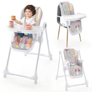3-In-1 Convertible Highchair with Adjustable Height and 5-Point Safety Belt and Lockable Wheels-Gray - Color: Gray