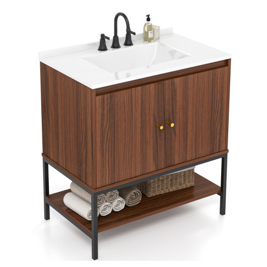31 Inch Bathroom Vanity Sink Combo with Doors and Open Shelf-Walnut - Color: Walnut - Image 4