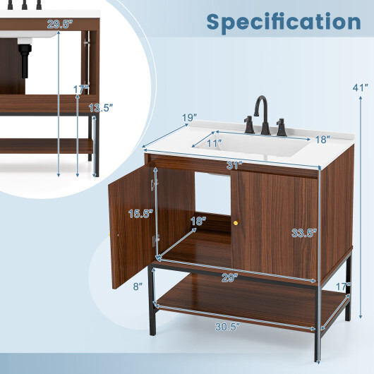 31 Inch Bathroom Vanity Sink Combo with Doors and Open Shelf-Walnut - Color: Walnut - Image 5