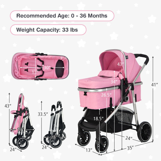 2-in-1 Convertible Baby Stroller with Reversible Seat-Pink - Color: Pink - Image 4