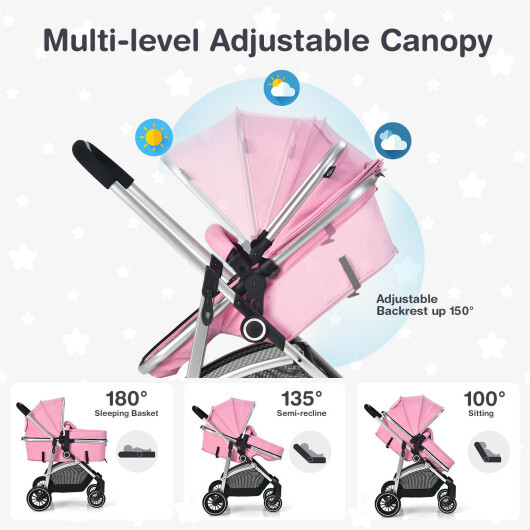 2-in-1 Convertible Baby Stroller with Reversible Seat-Pink - Color: Pink - Image 5