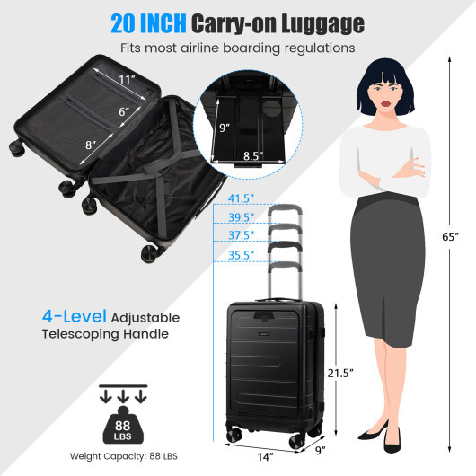 20 Inch Carry-on Luggage PC Hardside Suitcase TSA Lock with Front Pocket and USB Port-Black - Color: Black - Image 4