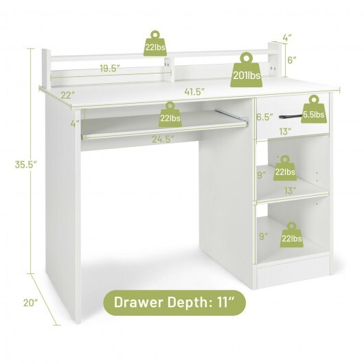 Study Laptop Table with Drawer and Keyboard Tray-White - Color: White - Image 4