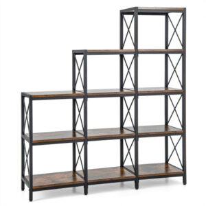 9 Cubes Bookcase with Carbon Steel Frame for Home Office-Rustic Brown - Color: Rustic Brown
