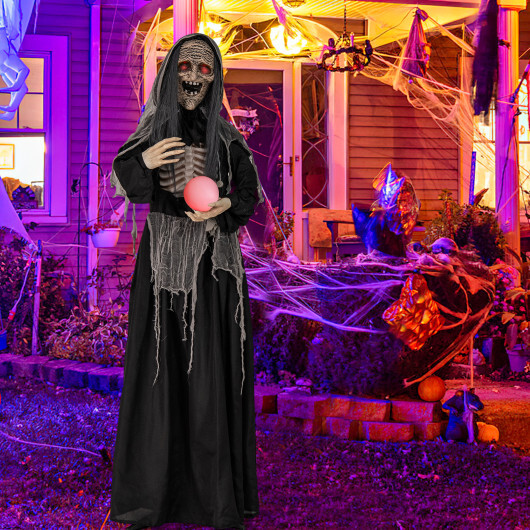 6ft Halloween Animatronics Standing Witch with Light Up Eyes and Magical Ball - Color: Black - Size: 6 ft - Image 2