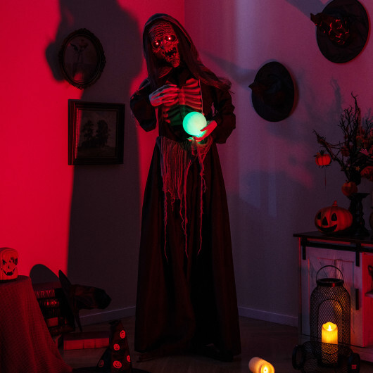 6ft Halloween Animatronics Standing Witch with Light Up Eyes and Magical Ball - Color: Black - Size: 6 ft - Image 3