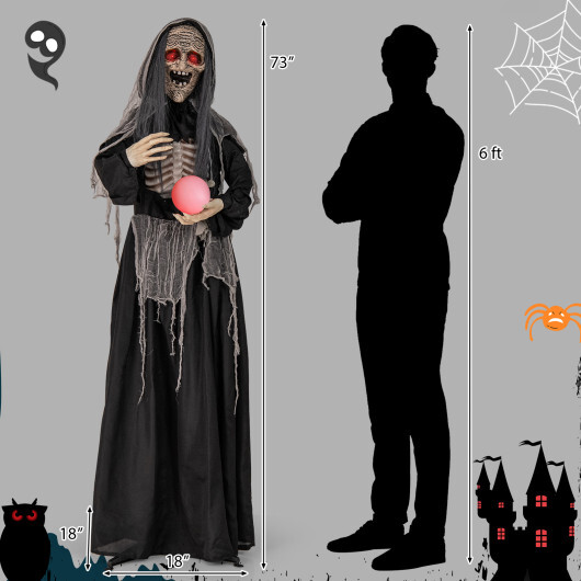 6ft Halloween Animatronics Standing Witch with Light Up Eyes and Magical Ball - Color: Black - Size: 6 ft - Image 4