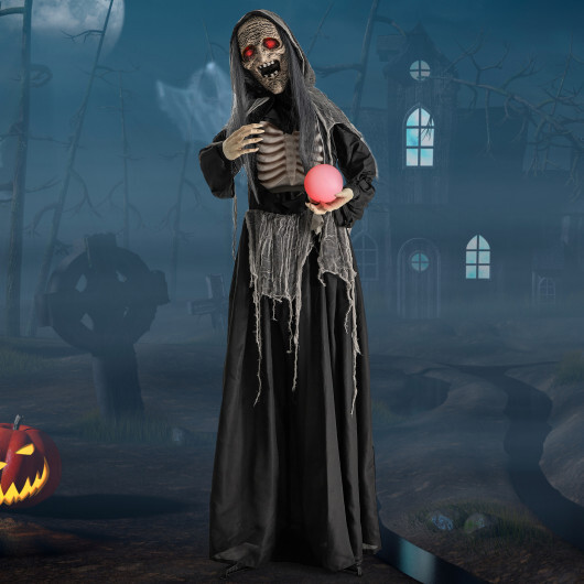 6ft Halloween Animatronics Standing Witch with Light Up Eyes and Magical Ball - Color: Black - Size: 6 ft - Image 5