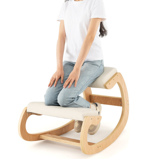 Wooden Rocking Chair with Comfortable Padded Seat Cushion and Knee Support-Beige - Color: Beige - Image 3