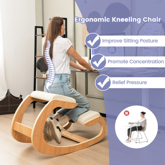 Wooden Rocking Chair with Comfortable Padded Seat Cushion and Knee Support-Beige - Color: Beige - Image 5