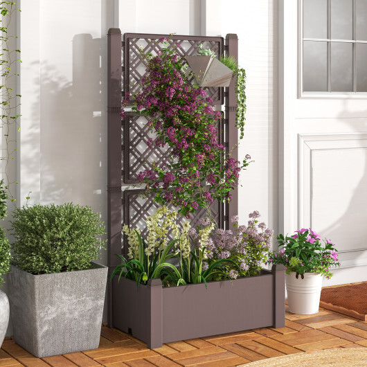 Outdoor Planter Box Self-Watering Raised Garden Bed Trellis with Water Level Indicator-Coffee - Color: Coffee - Image 3
