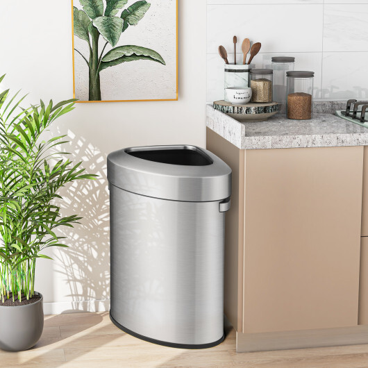 60L Stainless Corner Steel Trash Bin with Lid and Anti-slip Bottom-Silver - Color: Silver - Image 2
