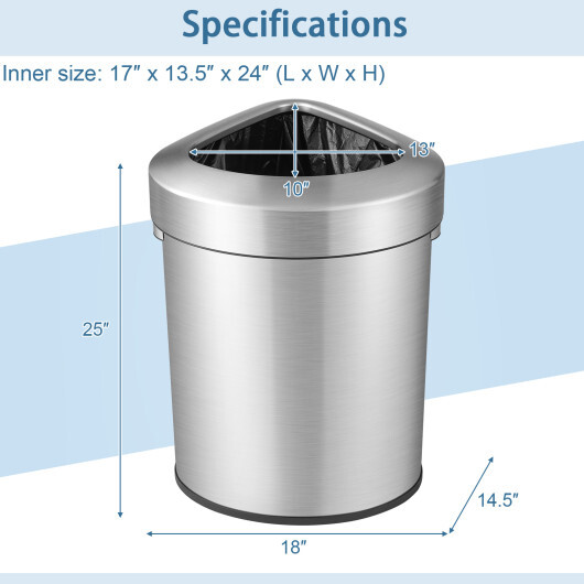 60L Stainless Corner Steel Trash Bin with Lid and Anti-slip Bottom-Silver - Color: Silver - Image 5