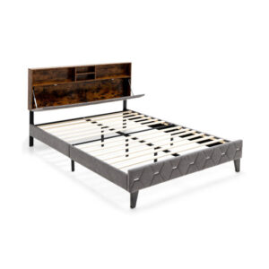 Full/Queen Size Upholstered Bed Frame with Storage Headboard-Queen Size - Color: Gray - Size: Queen Size
