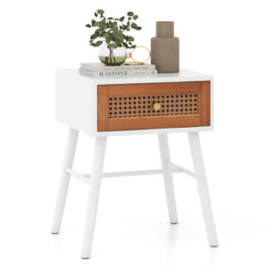 Rattan Nightstand Mid Century Modern Accent Table with Drawer-White - Color: White