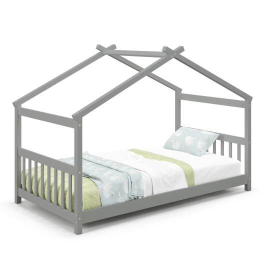 Twin Size Wooden House Bed with Roof-Gray - Color: Gray - Image 4
