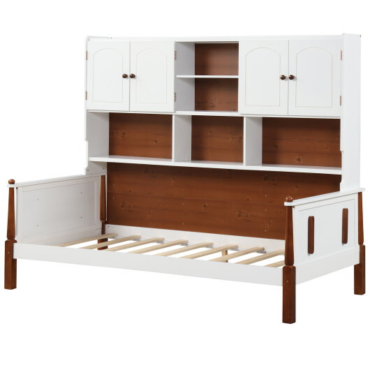 Twin Bed with Bookcase with Shelves and Wooden Slat Support No Box Spring Needed for Living Room Bedroom-White - Color: White