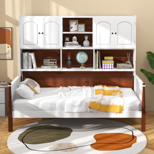 Twin Bed with Bookcase with Shelves and Wooden Slat Support No Box Spring Needed for Living Room Bedroom-White - Color: White - Image 5
