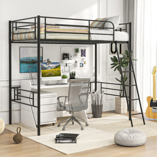 Twin Metal Loft Bed Frame with Ladder and Metal Slats Support-Black - Color: Black - Image 2