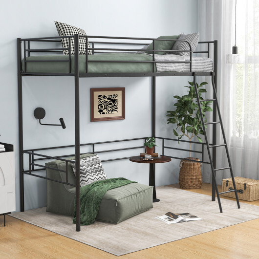 Twin Metal Loft Bed Frame with Ladder and Metal Slats Support-Black - Color: Black - Image 3