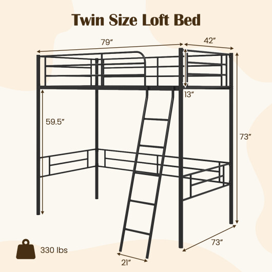 Twin Metal Loft Bed Frame with Ladder and Metal Slats Support-Black - Color: Black - Image 4