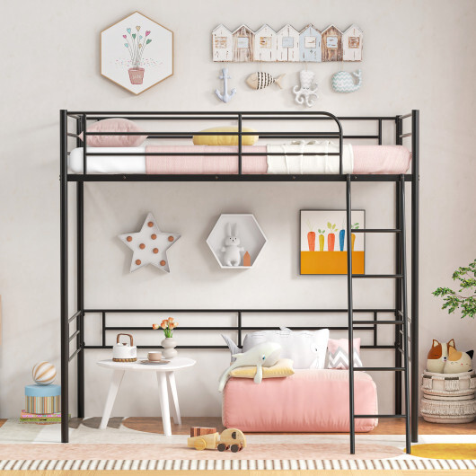 Twin Metal Loft Bed Frame with Ladder and Metal Slats Support-Black - Color: Black - Image 5