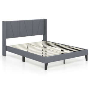 Full/Queen Size Bed Frame with Wingback Headboard and Wood Slat Support-Queen Size - Color: Gray - Size: Queen Size