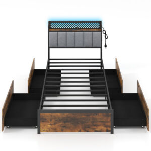 Twin/Full/Queen Bed Frame with LED Lights  Upholstered Headboard and 4 Storage Drawers-Twin size - Size: Twin Size
