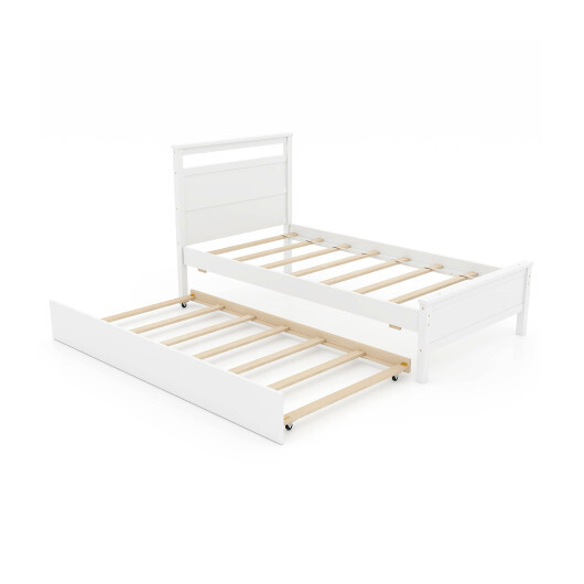 Twin Size Wooden Bed Frame with Trundle for Teens and Adults-White - Color: White - Size: Twin Size