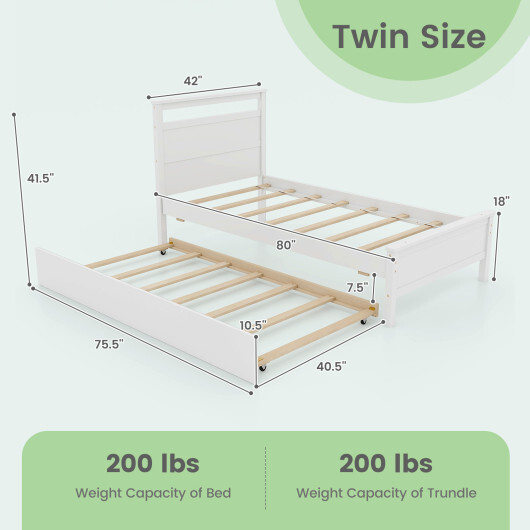 Twin Size Wooden Bed Frame with Trundle for Teens and Adults-White - Color: White - Size: Twin Size - Image 4