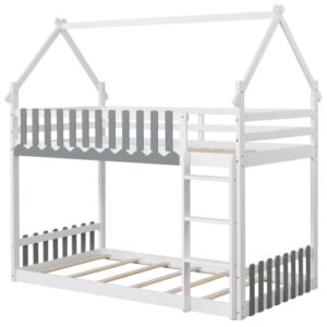 Twin Over Twin Bunk Bed with Fence and Ladder for Kids-White - Color: White - Size: Twin Size