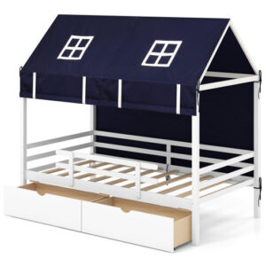 Twin House Bed with Tent and 2 Storage Drawers for Kids-White - Color: White - Size: Twin Size