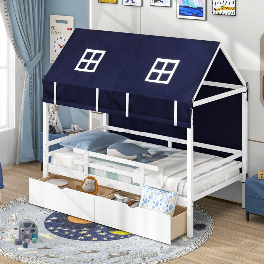 Twin House Bed with Tent and 2 Storage Drawers for Kids-White - Color: White - Size: Twin Size - Image 2