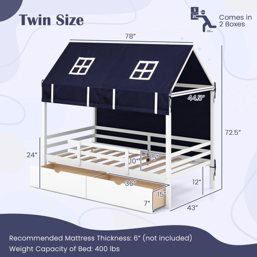 Twin House Bed with Tent and 2 Storage Drawers for Kids-White - Color: White - Size: Twin Size - Image 4