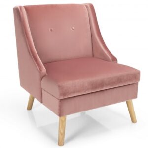 Velvet Wing Back Accent Chair with Rubber Wood Legs and Padded Seat for Living Room-Pink - Color: Pink