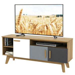 65 Inch TV Stand with 3 Storage Cabinets and 3 Open Shelves for Living Room - Color: Natural