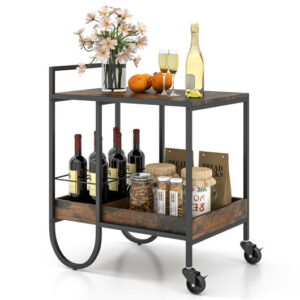 Rolling Buffet Serving Cart with Removable Metal Wire Wine Rack-Brown - Color: Brown