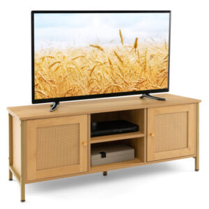 Boho TV Stand for TV up to 55 Inches with Faux Rattan Door-Natural - Color: Natural