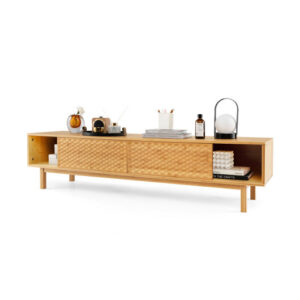 63 Inches Mid Century Modern Bamboo TV Stand with Sliding Doors-Natural - Color: Natural
