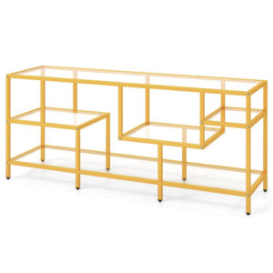 58 Inch TV Console Table with Tempered Glass Shelves for Living Room-Gold - Color: Golden