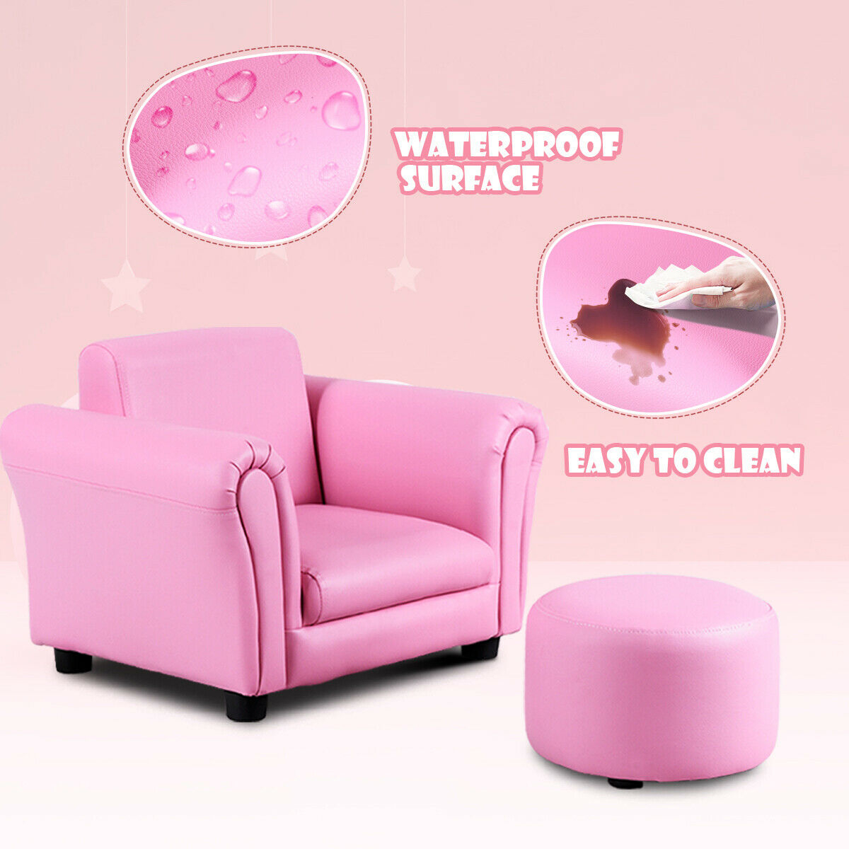 Kids Single Armrest Couch Sofa with Ottoman - Color: Pink - Image 5