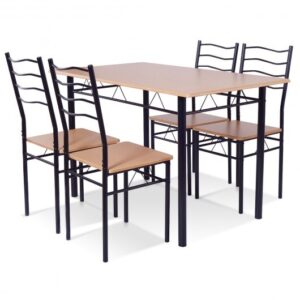 5 Pieces Wood Metal Dining Table Set with 4 Chairs-Natural - Color: Natural