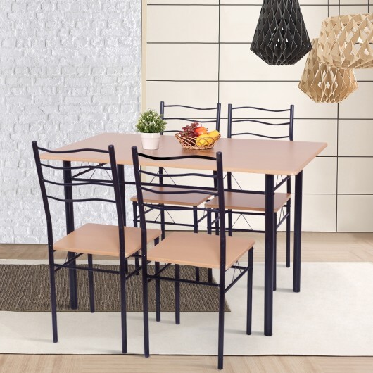 5 Pieces Wood Metal Dining Table Set with 4 Chairs-Natural - Color: Natural - Image 2
