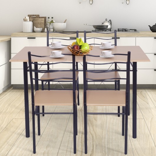 5 Pieces Wood Metal Dining Table Set with 4 Chairs-Natural - Color: Natural - Image 3