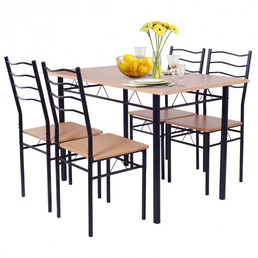 5 Pieces Wood Metal Dining Table Set with 4 Chairs-Natural - Color: Natural - Image 4