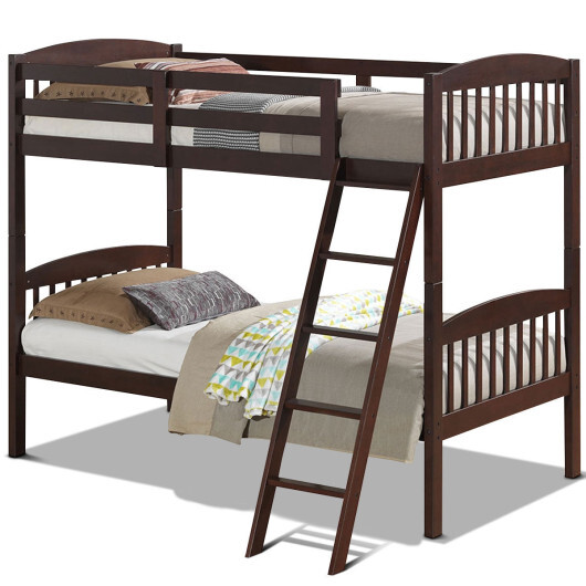 Solid Wood Twin Bunk Beds with Detachable Kids Ladder - Color: Brown