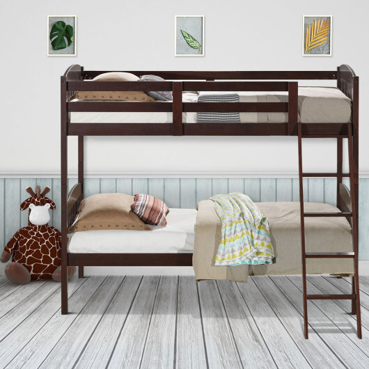 Solid Wood Twin Bunk Beds with Detachable Kids Ladder - Color: Brown - Image 2