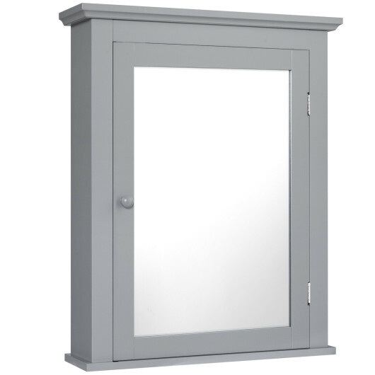 Bathroom Mirror Cabinet Wall Mounted Adjustable Shelf Medicine Storage-Gray - Color: Gray