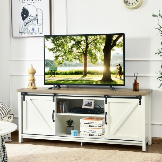 TV Stand Media Center Console Cabinet with Sliding Barn Door - White - Color: White - Image 2
